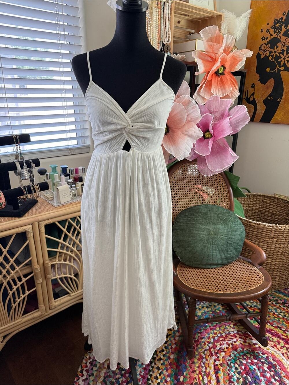 Aerie Off White Twist Front Keyhole Semi-Sheer Side Slit Boho Hippie Midi Dress